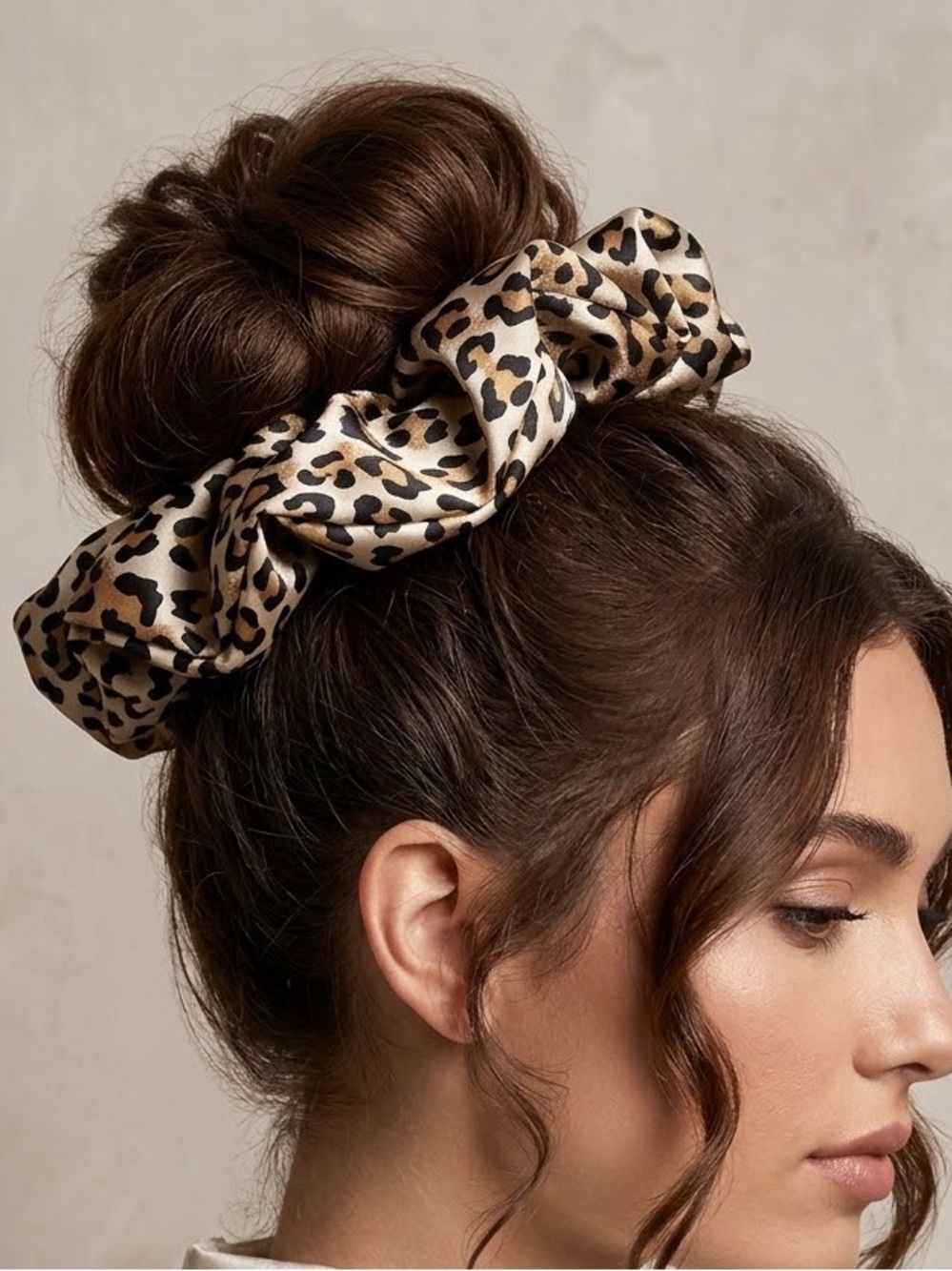 Leopard Print Satin Scrunchie Hair Tie - Beige & Black LARGE